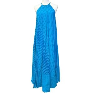 Club Monaco Burnout Pleated Maxi Dress Blue Halter Size 4 NWT